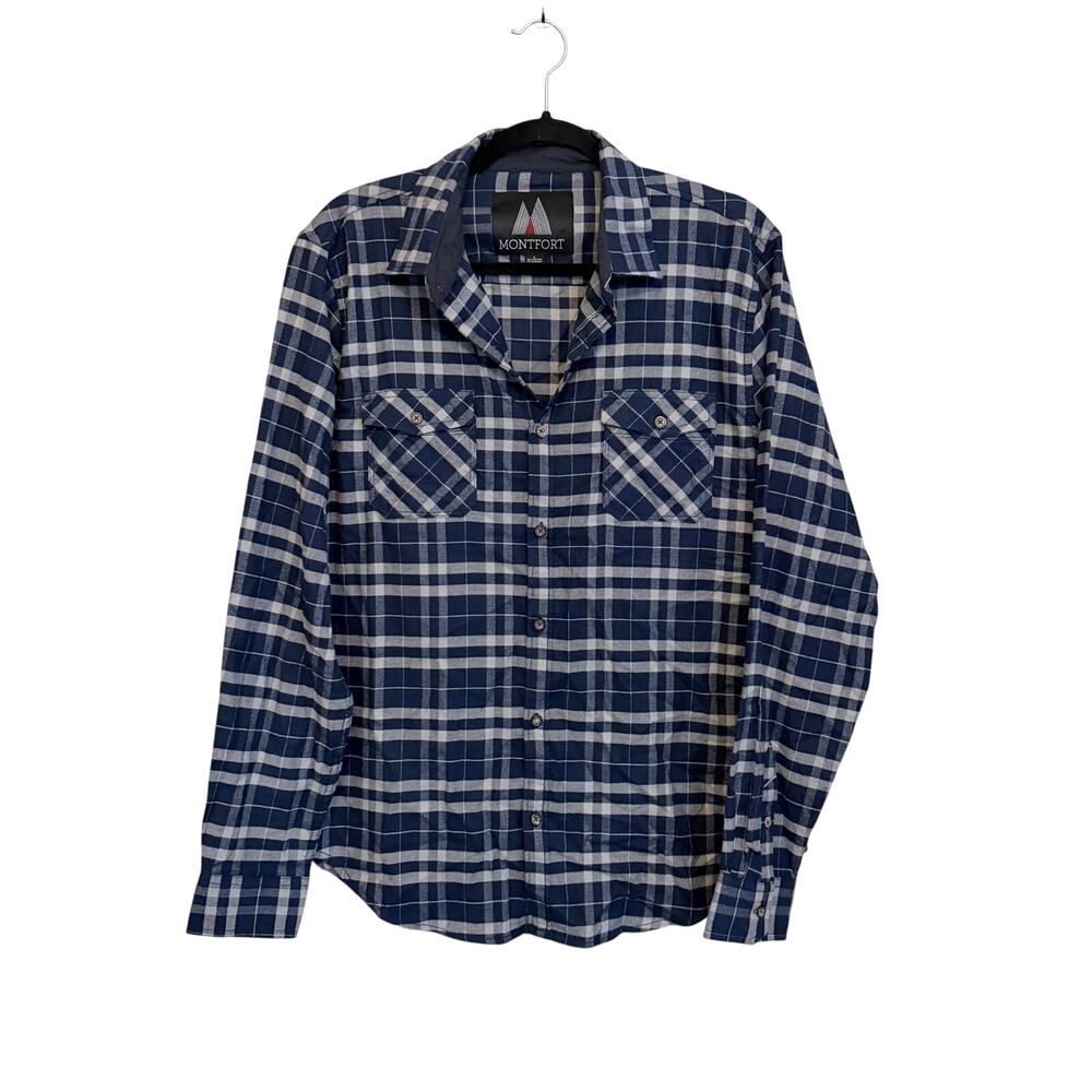 Montfort Plaid Long Sleeve Button Shirt Large Blue White Stretch Outdoors NWT
